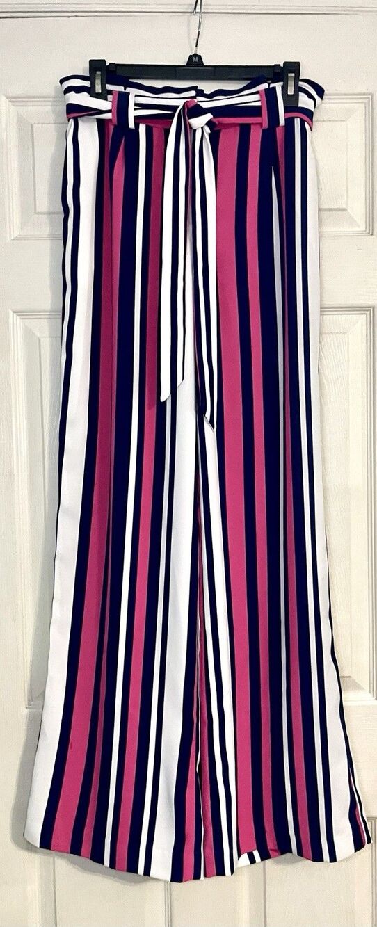 Express SzM High Rise Striped Paperbag Wide Leg Pants Pink Navy White